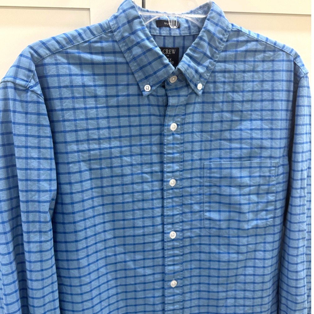 J.Crew Flex Oxford Shirt Mens Medium Blue Slim Fit Check Long Sleeve Preppy